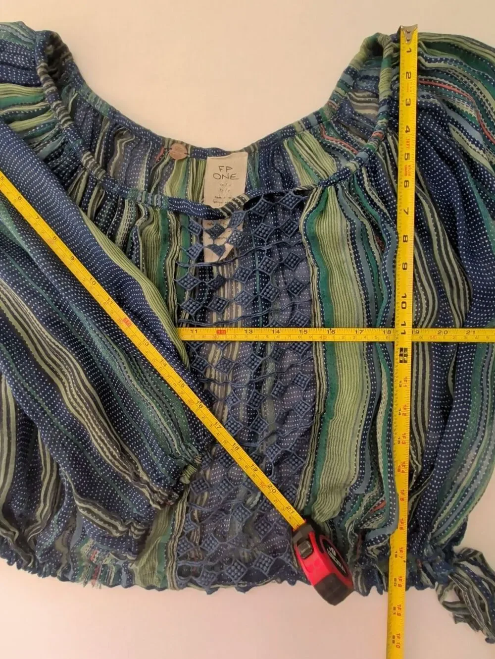 Free People ONE One Summer Lace Crochet Peasant Blouse Blue Green XS
